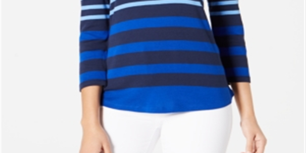 Charter Club Women's Pima Cotton Button Shoulder Stripe Top Blue Size Large