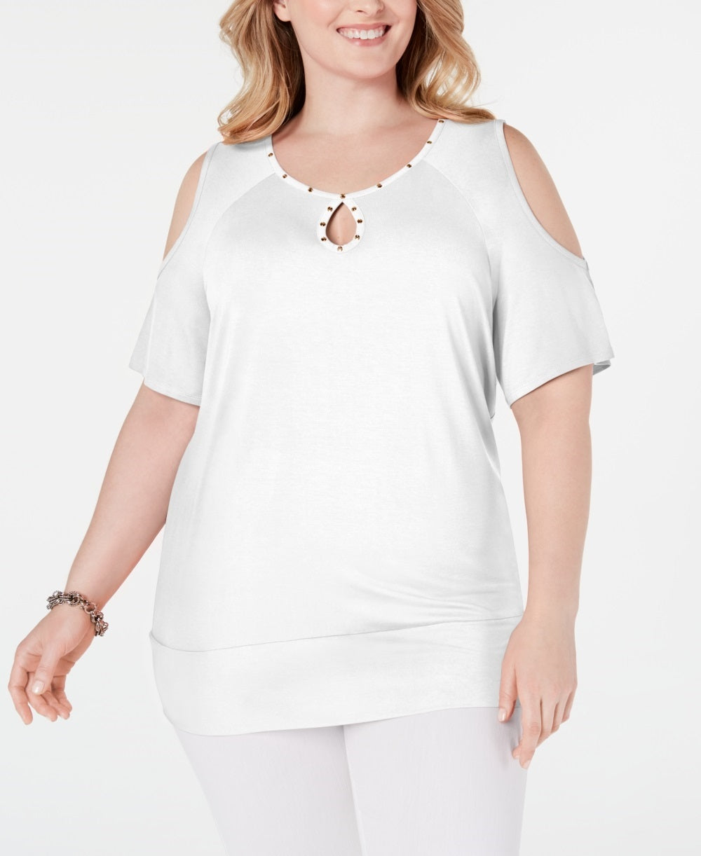 JM Collection Women's Studded Cold Shoulder Top  White Size 2X