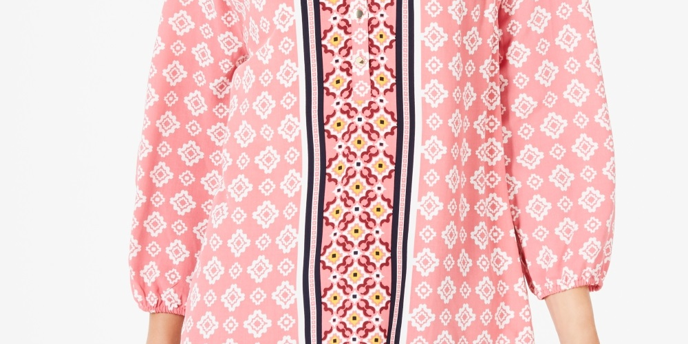 Charter Club Women's Printed Split Neck 3/4 Sleeve Top Pink Size XX-Large