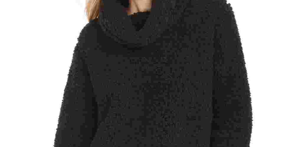 Style & Company Women's Faux Fur Solid Long Sleeve Turtle Neck Blouse Sweater Black Size Petite Medium