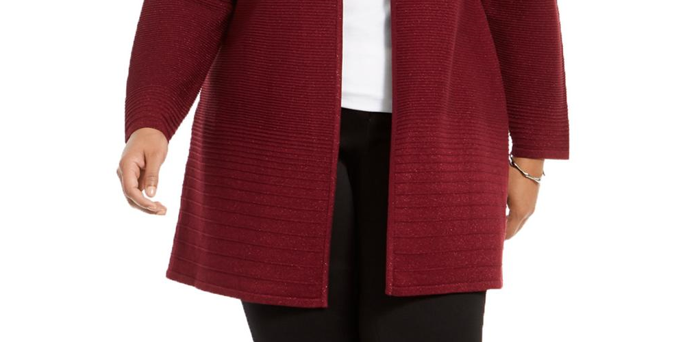 Alfani Women's Mod Shimmer Metallic Striped Cardigan Top Berry Jam Size 0X
