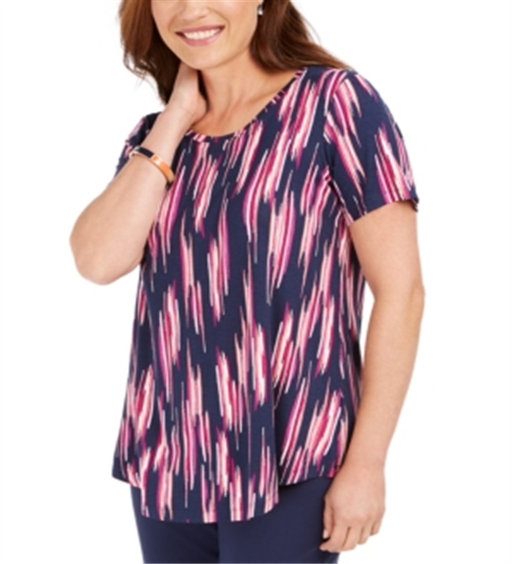JM Collection Women's Short Sleeve Printed Top Navy Multi Size Medium
