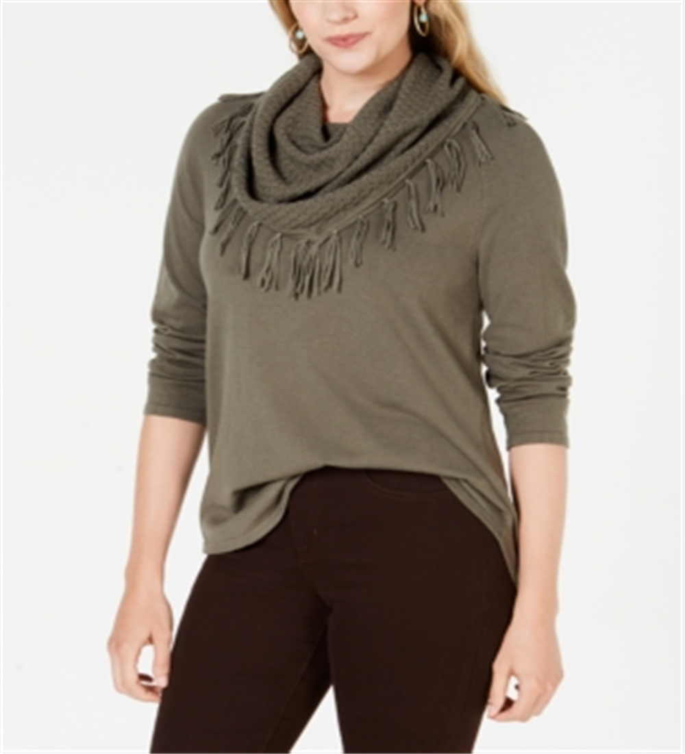 Style & Co Women's Fringed Cowl Neck Sweater Olive Size Petite XL