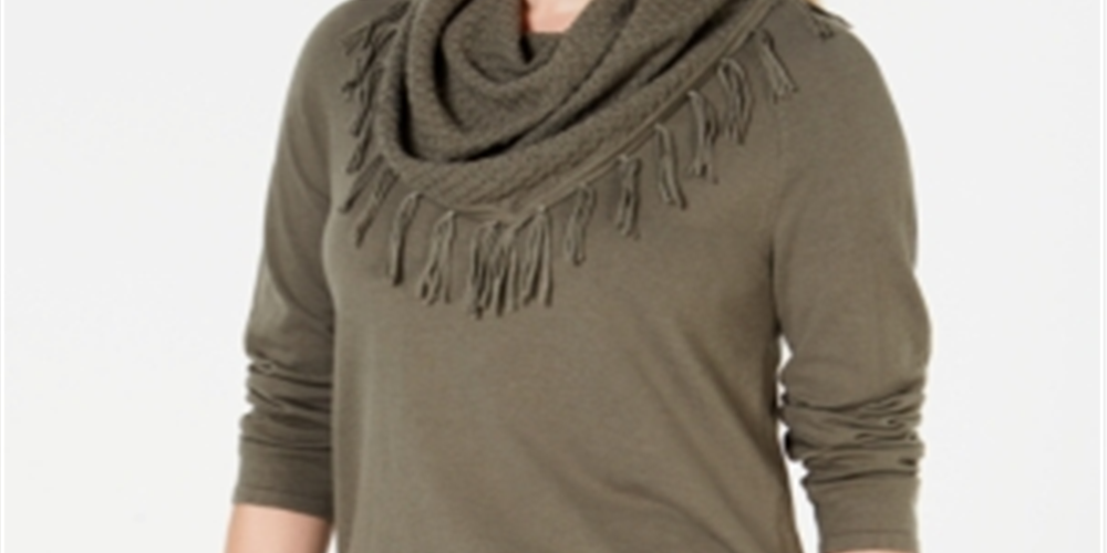 Style & Co Women's Fringed Cowl Neck Sweater Olive Size Petite XL