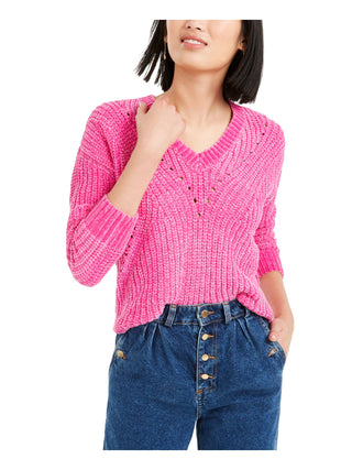 Bar III Women's Eyelet V Neck Crop Sweater Pink Size Small