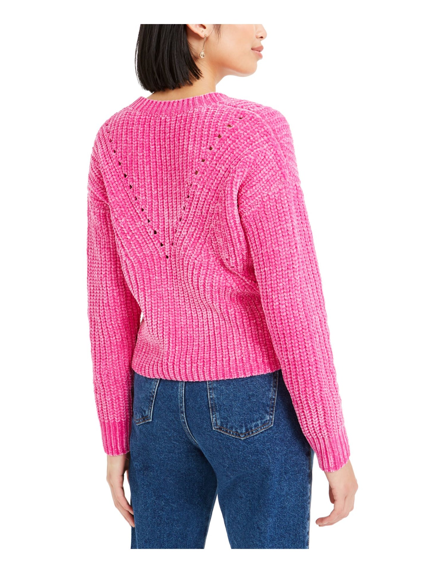 Bar III Women's Eyelet V Neck Crop Sweater Pink Size Small