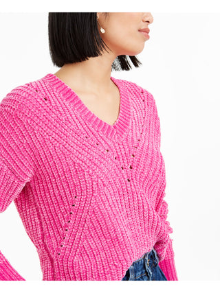 Bar III Women's Eyelet V Neck Crop Sweater Pink Size Small