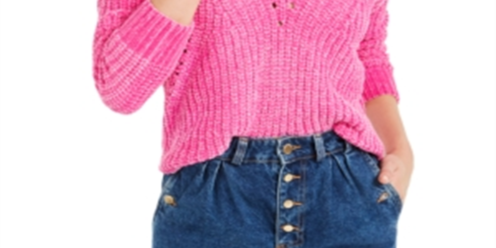 Bar III Women's Eyelet V Neck Crop Sweater Pink Size Small