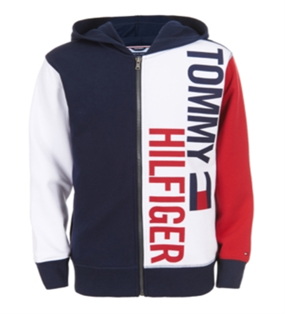Tommy Hilfiger Big Boy's Lawrence Colorblocked Full Zip Fleece Logo Hoodie Blue Size M