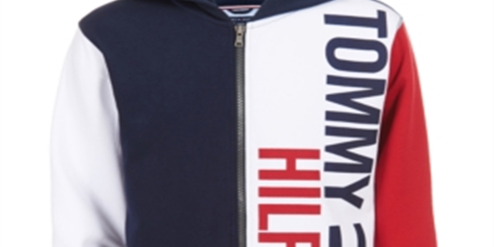 Tommy Hilfiger Big Boy's Lawrence Colorblocked Full Zip Fleece Logo Hoodie Blue Size M