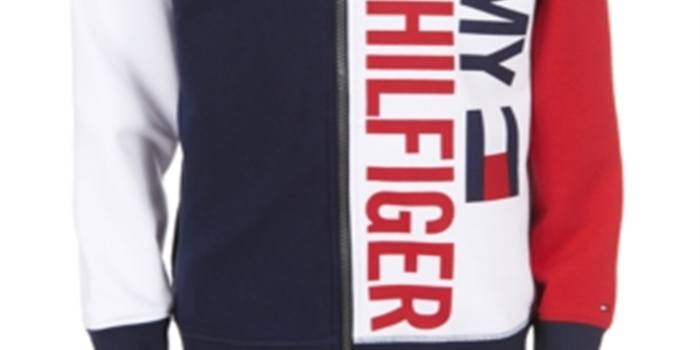 Tommy Hilfiger Big Boy's Lawrence Colorblocked Full Zip Fleece Logo Hoodie Blue Size M