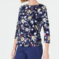Charter Club Women's Floral 3/4 Sleeve Boat Neck Top Blue Size Large