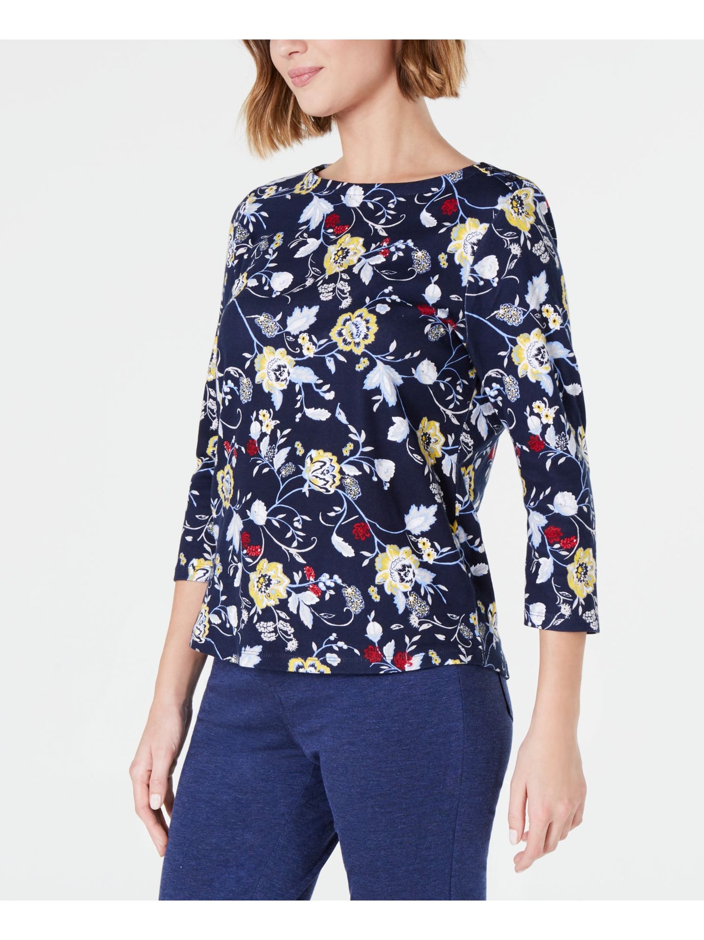 Charter Club Women's Floral 3/4 Sleeve Boat Neck Top Blue Size Large