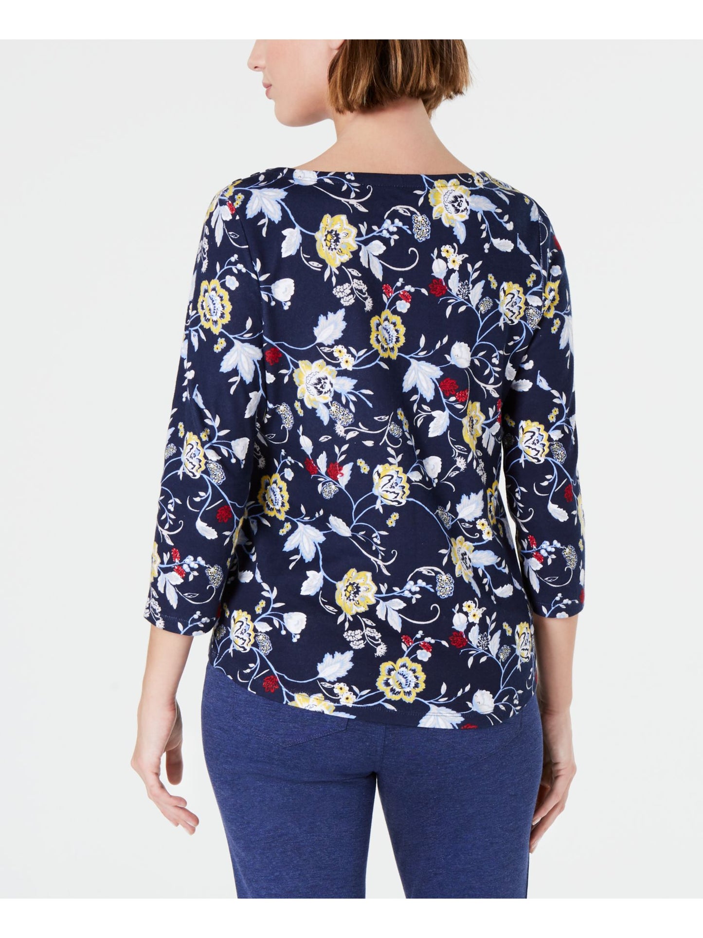 Charter Club Women's Floral 3/4 Sleeve Boat Neck Top Blue Size Large
