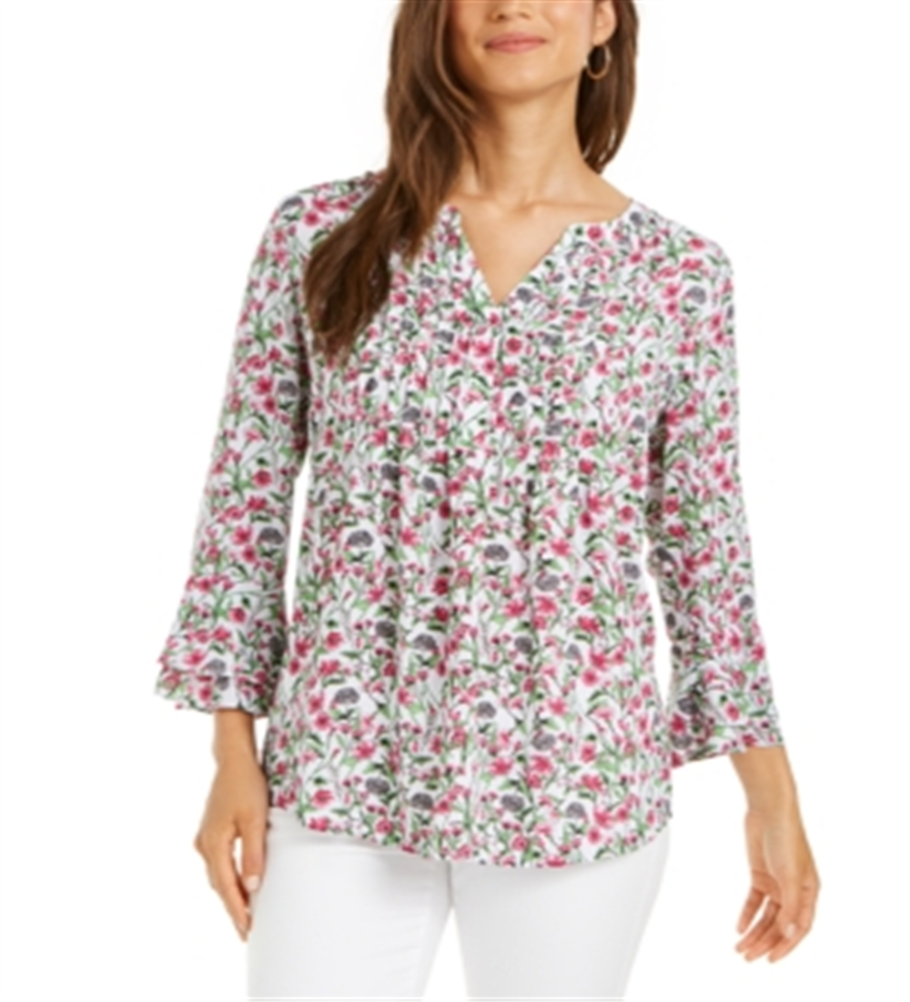 Charter Club Women's Floral Print Pleated Top White Size Small