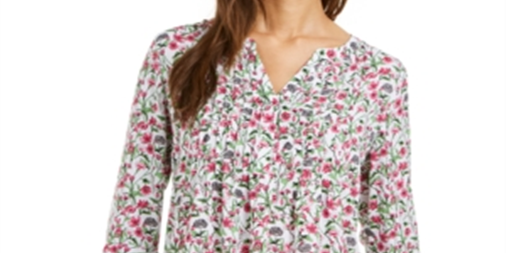 Charter Club Women's Floral Print Pleated Top White Size Small