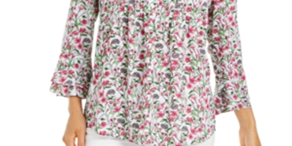 Charter Club Women's Floral Print Pleated Top White Size Small
