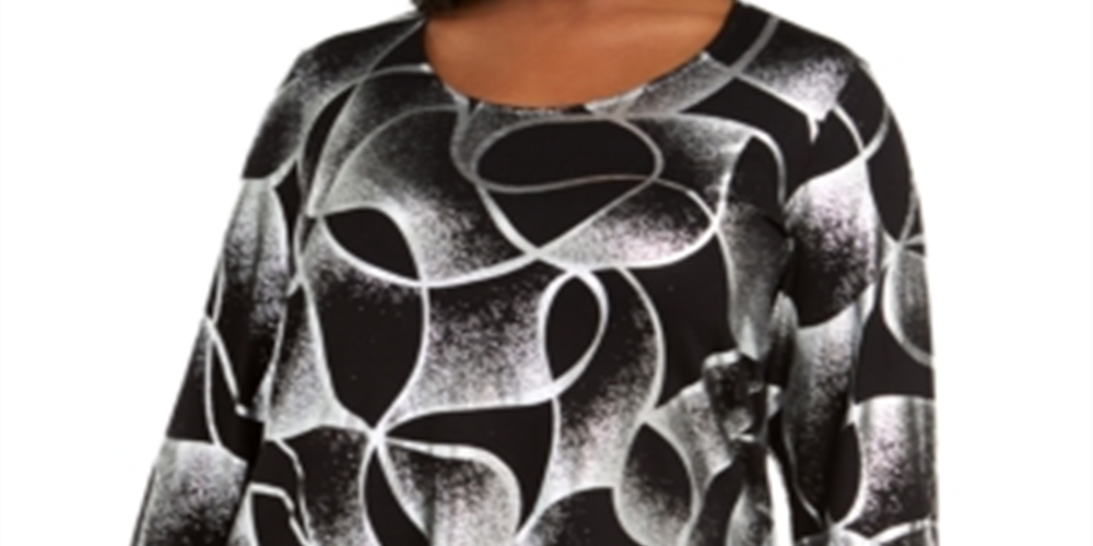JM Collection Women's Plus Printed Top Black- Silver Size 0X