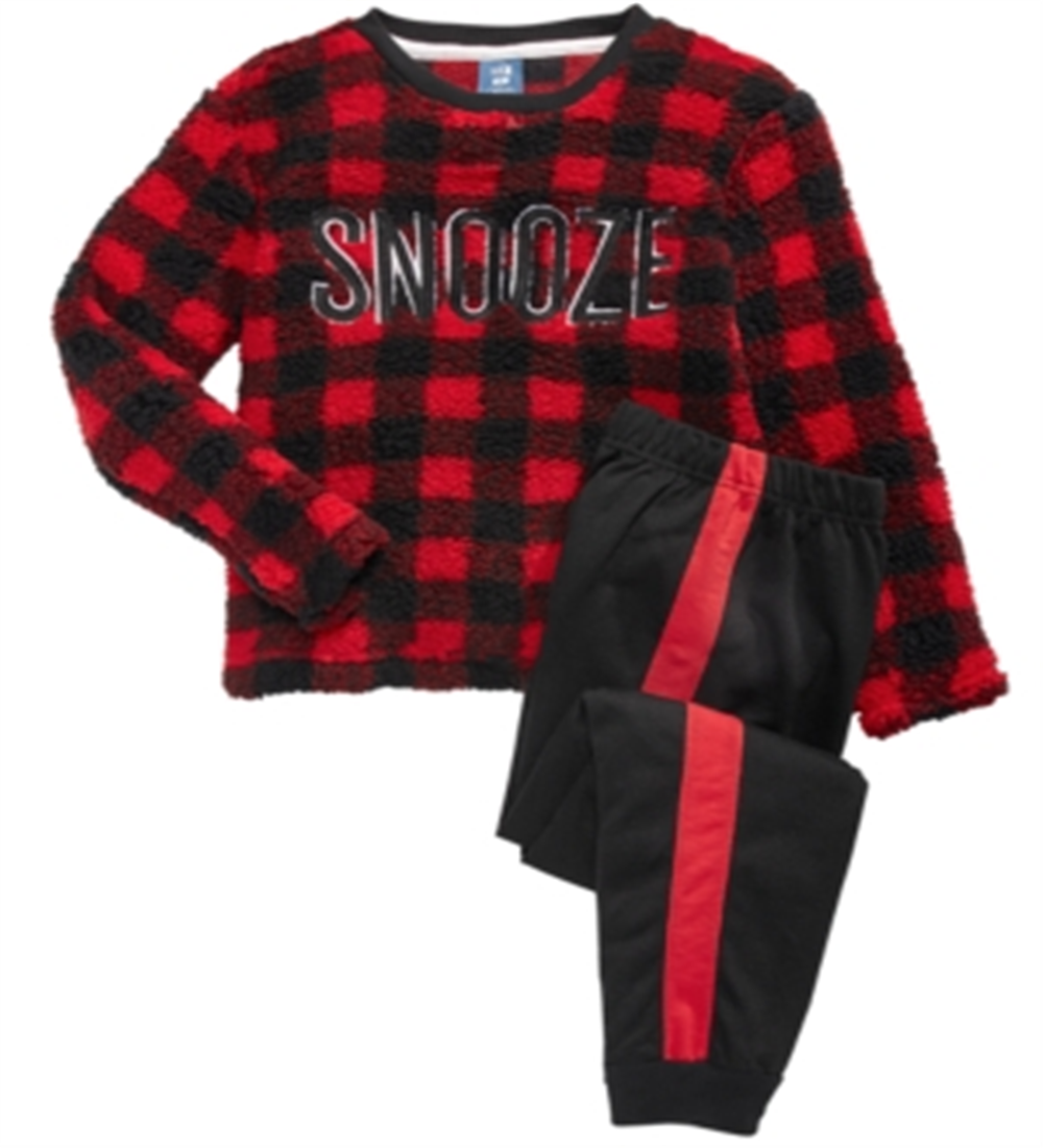 Max & Olivia Big Boy's 2 Pc Snooze Faux Sherpa Top & Colorblocked Pants Pajama Set Red -Black Size S