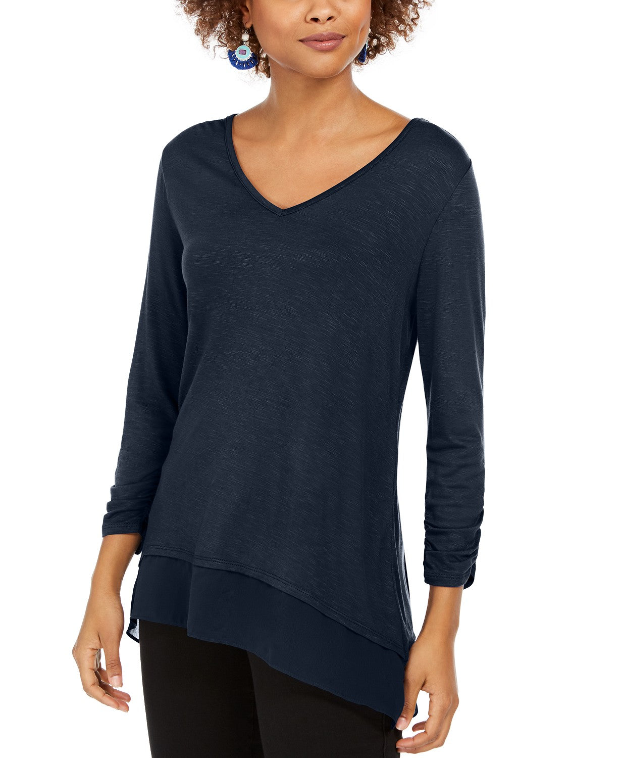 Style & Co Women's Blouse V Neck Chiffon Hem Blue Size Large