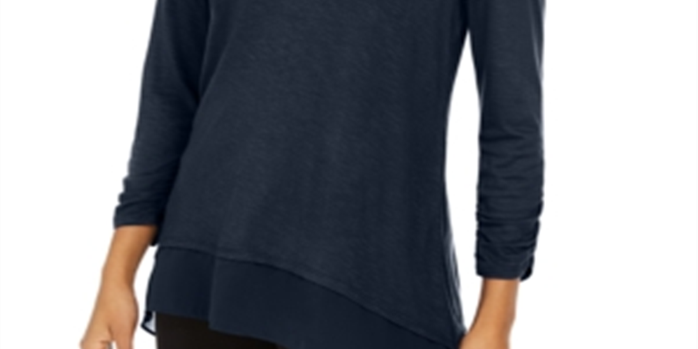 Style & Co Women's Blouse V Neck Chiffon Hem Blue Size Large