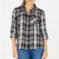 Style & Co Women's Cotton Tab Sleeve Plaid Shirt Black Size PP