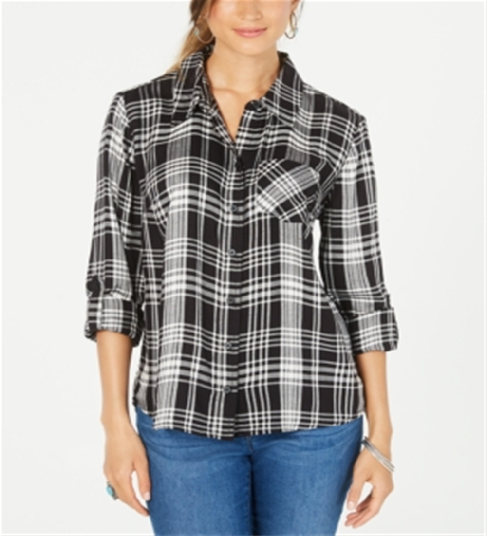 Style & Co Women's Cotton Tab Sleeve Plaid Shirt Black Size PP