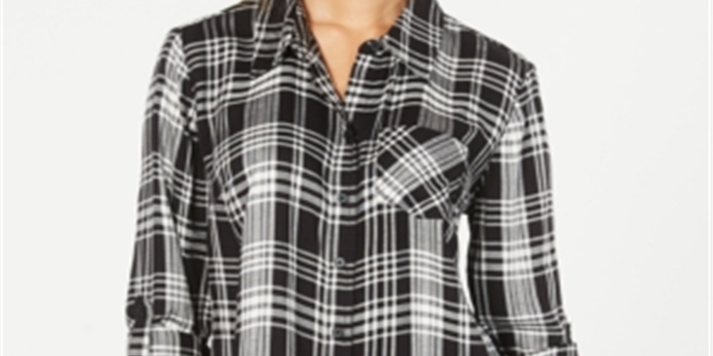 Style & Co Women's Cotton Tab Sleeve Plaid Shirt Black Size PP