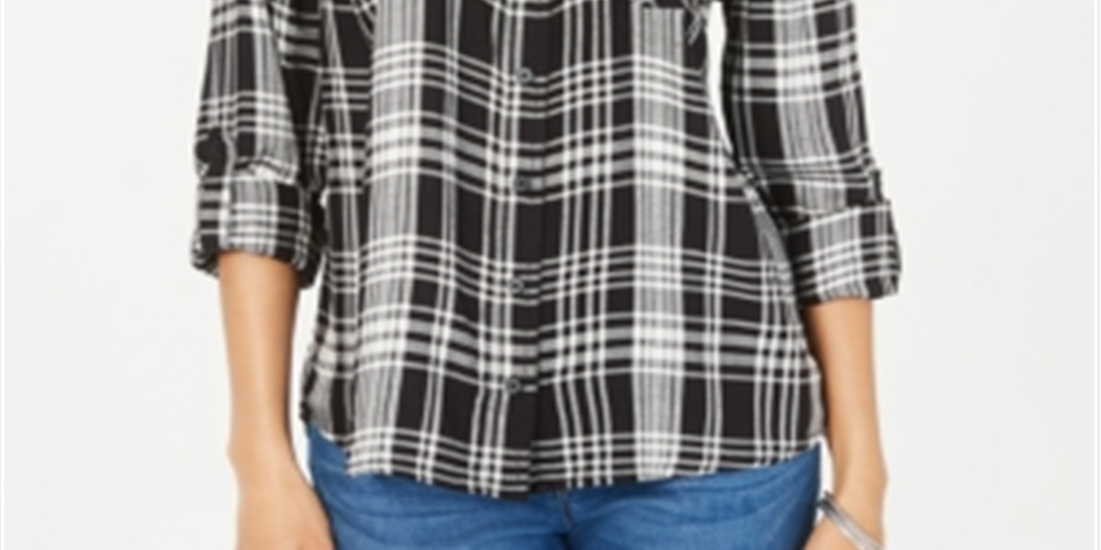 Style & Co Women's Cotton Tab Sleeve Plaid Shirt Black Size PP