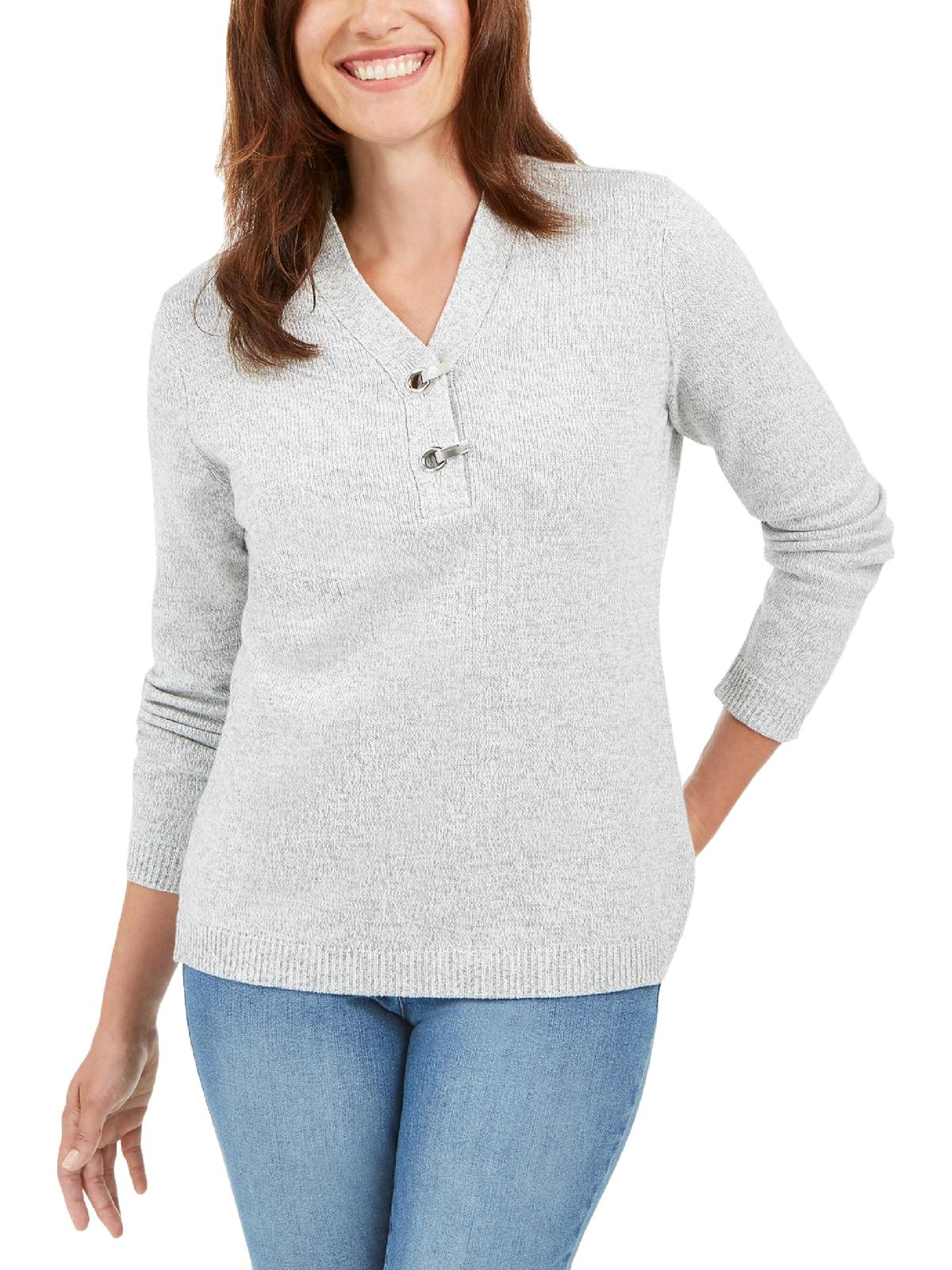 Karen Scott Women's Pullover Sweater V Neck Henley Gray Size Petite X-Large