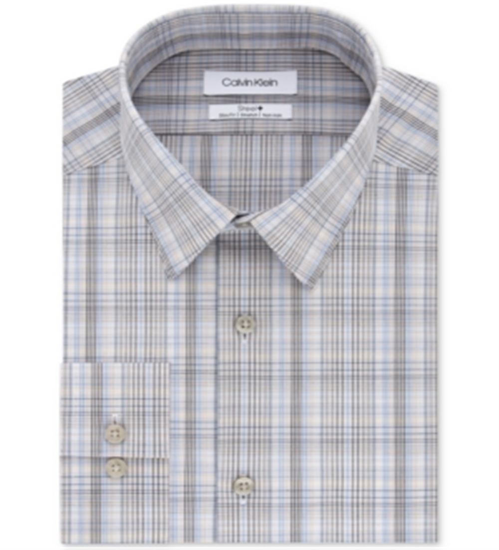 Calvin Klein Men's Slim Fit Stretch Performance Plaid Dress Shirt Brown Size 18X34-35