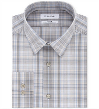 Calvin Klein Men's Slim Fit Stretch Performance Plaid Dress Shirt Brown Size 18X34-35