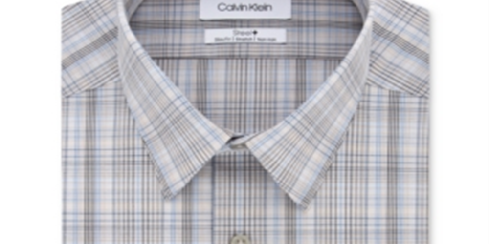 Calvin Klein Men's Slim Fit Stretch Performance Plaid Dress Shirt Brown Size 18X34-35