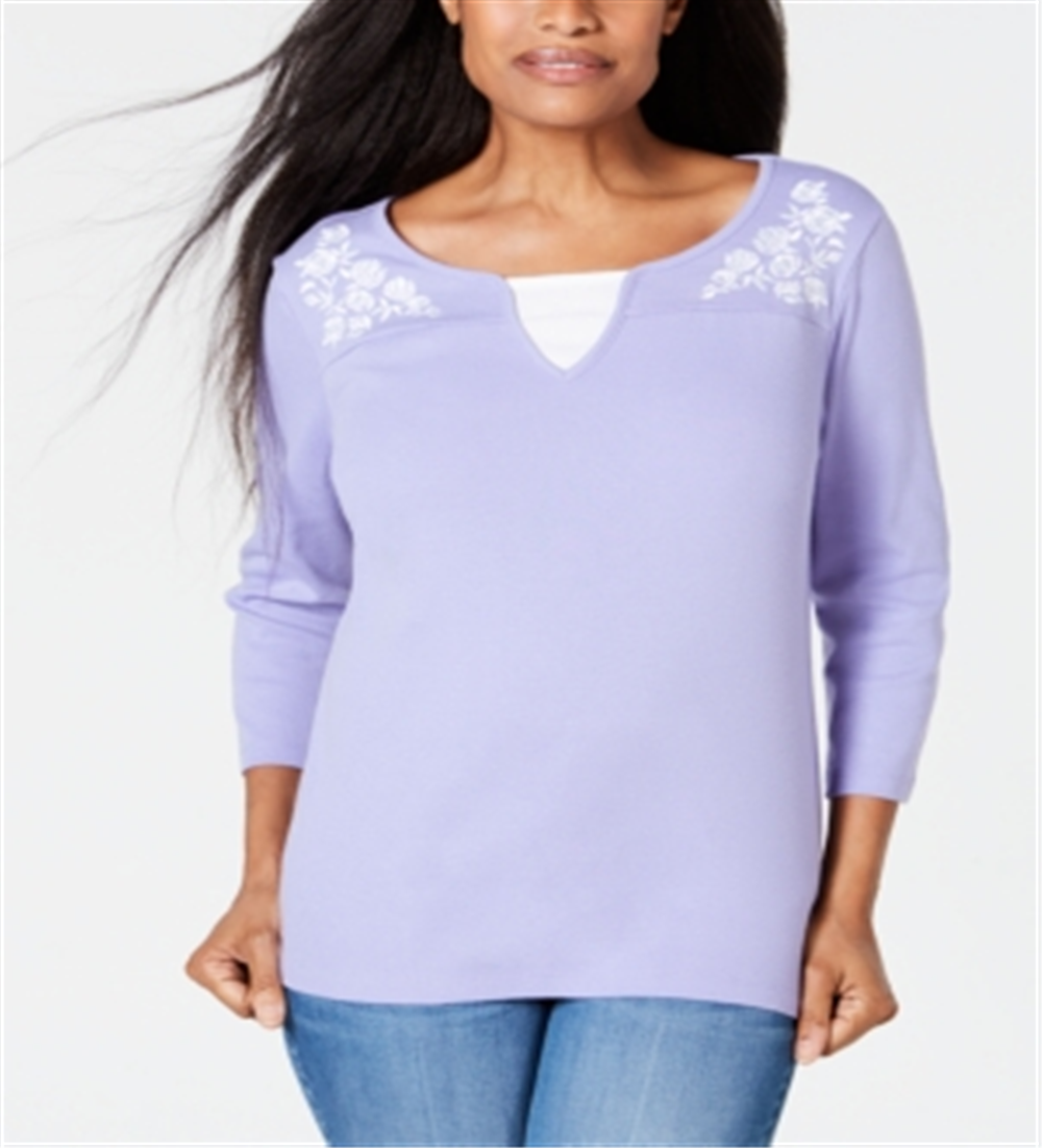 Karen Scott Women's Embroidered Cotton Layered Look Top Purple Size Large