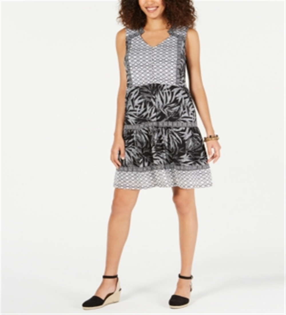 Style & Co Women's Printed Peasant Dress Black Size Petite X-Small