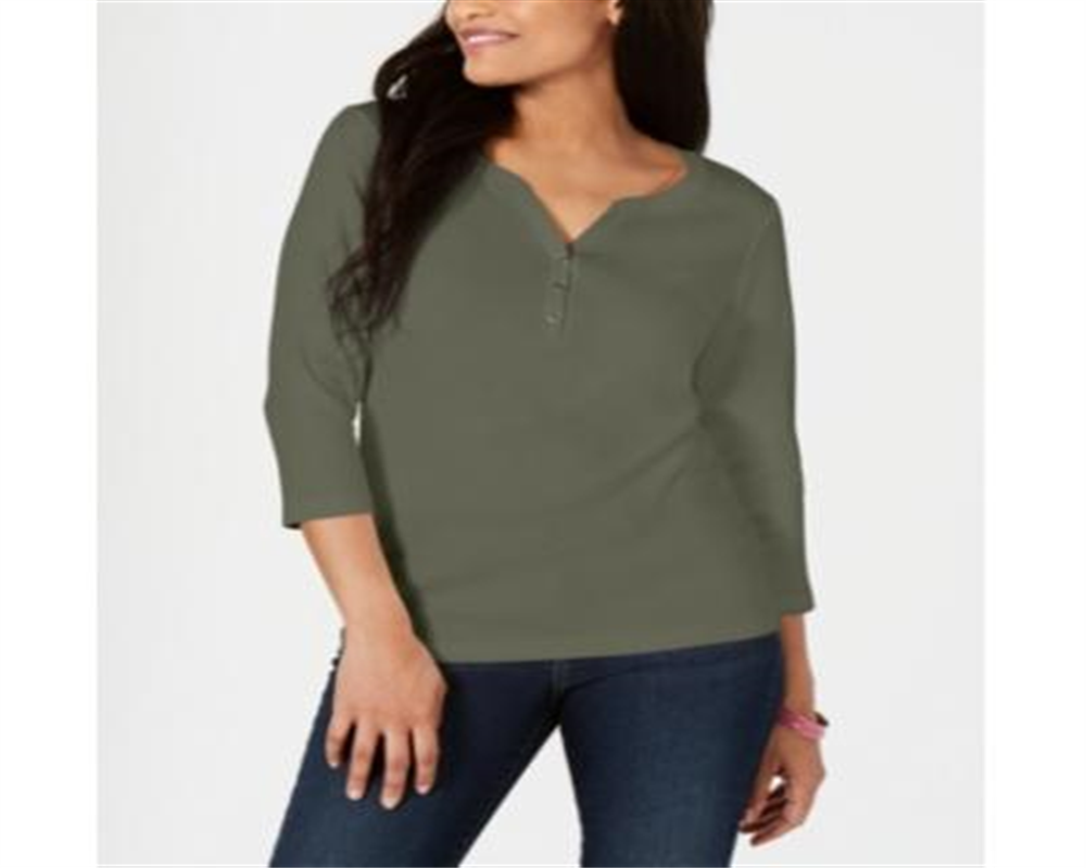 Karen Scott Women's Cotton Henley Top Green Size XX-Large