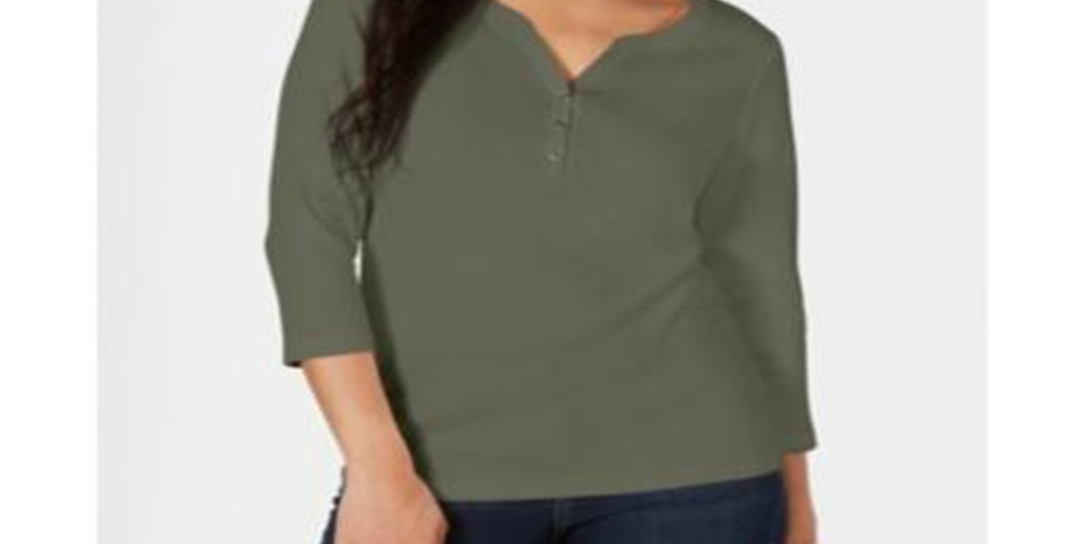Karen Scott Women's Cotton Henley Top Green Size XX-Large