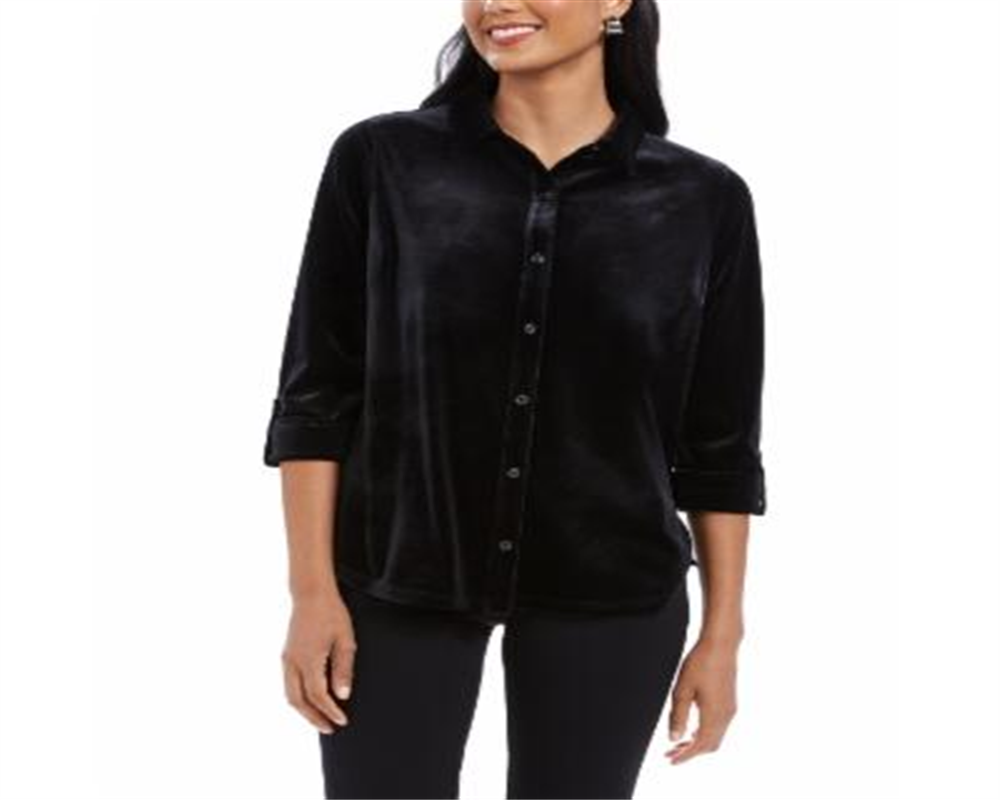Charter Club Women's Button Front Velvet Top Black Size Petite Medium