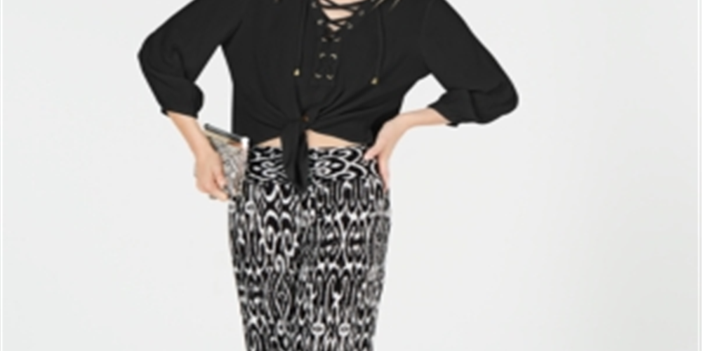 INC International Concepts Women's Lace up Blouse Black Size Petite S/M