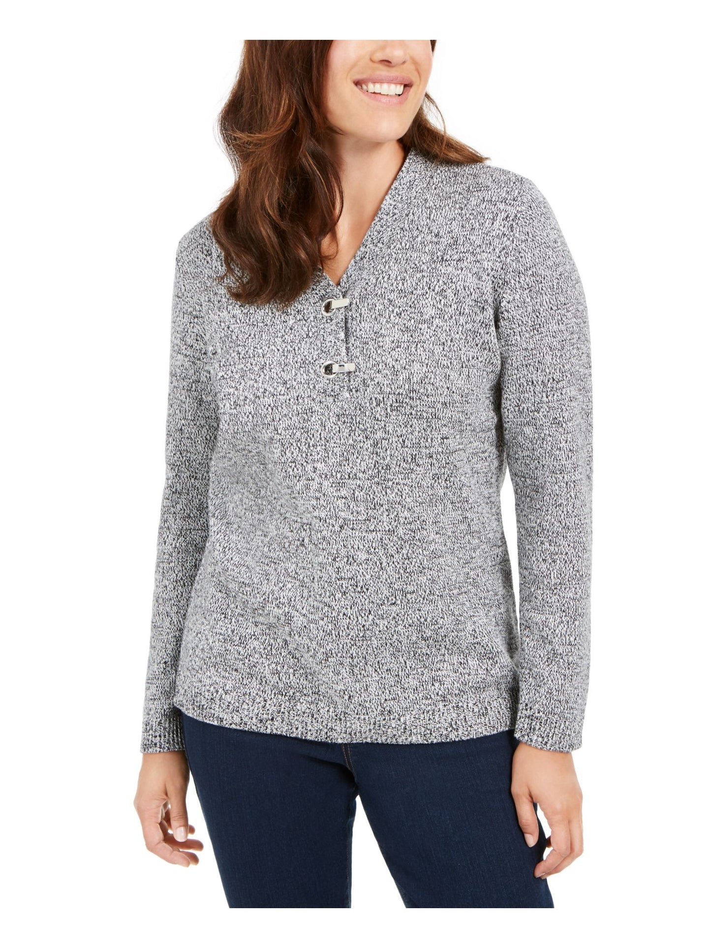 Karen Scott Women's Embellished Ribbed Long Sleeve V Neck Sweater Black-White Size Petite Small