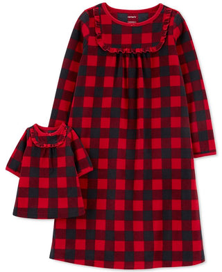 Carter's Little & Big Girl's 2 Pc Buffalo Check & Matching Doll Nightgown Red Size 2-3