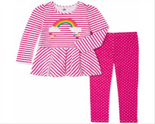 Kids Headquarters Toddler Girl's 2 Pc Rainbow Tunic & Polka Dot Leggings Set Pink Size 2T
