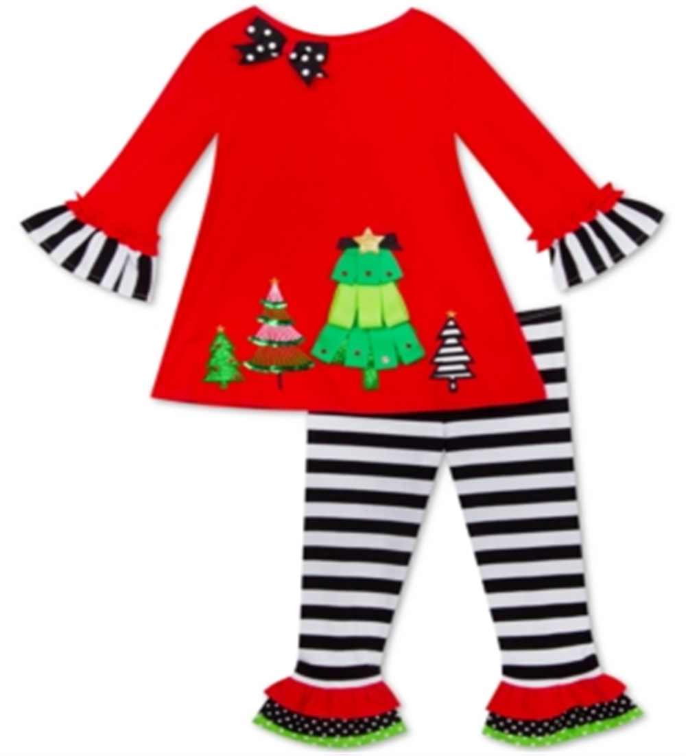 Rare Editions Little Girl's 2 Pc Holiday Trees Top & Striped Leggings Set Red Size 5