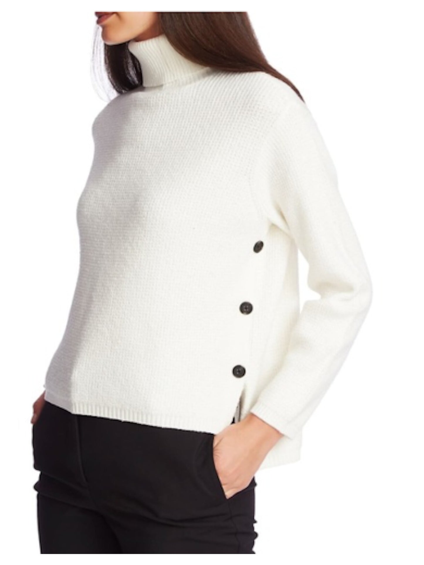 1.STATE Women's Waffle Knit Button Detail Turtleneck Sweater White Size Medium