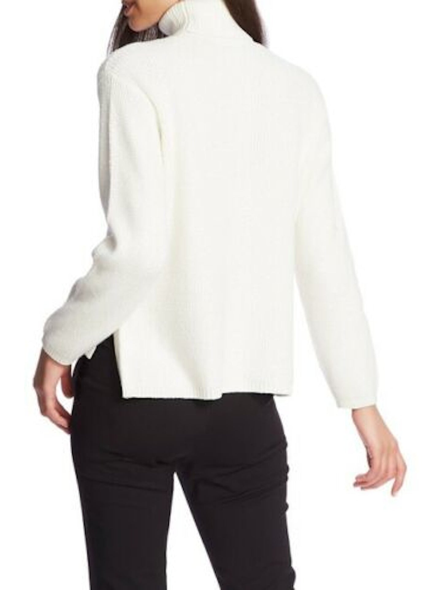 1.STATE Women's Waffle Knit Button Detail Turtleneck Sweater White Size Medium