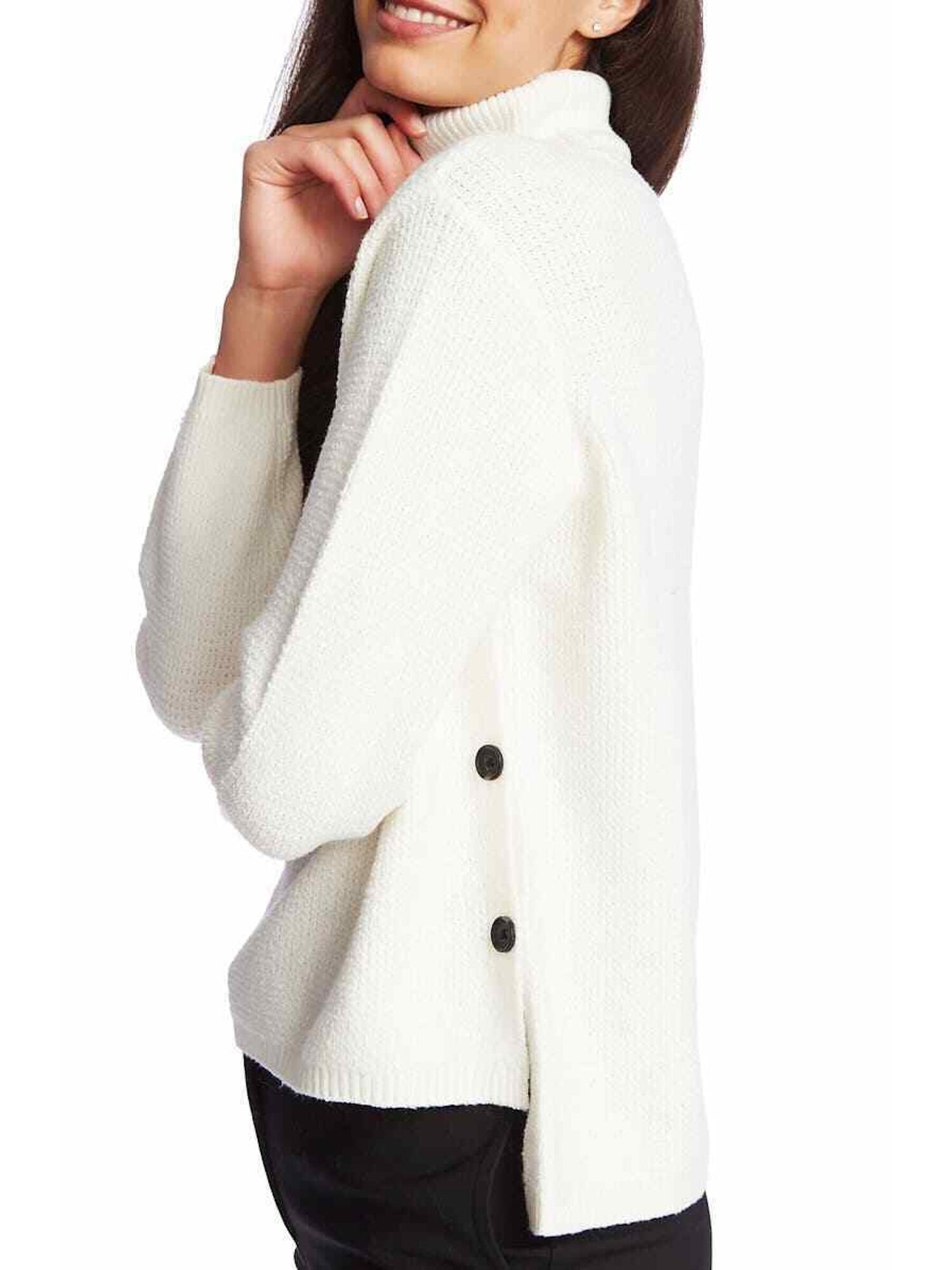 1.STATE Women's Waffle Knit Button Detail Turtleneck Sweater White Size Medium