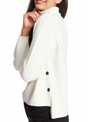 1.STATE Women's Waffle Knit Button Detail Turtleneck Sweater White Size Medium