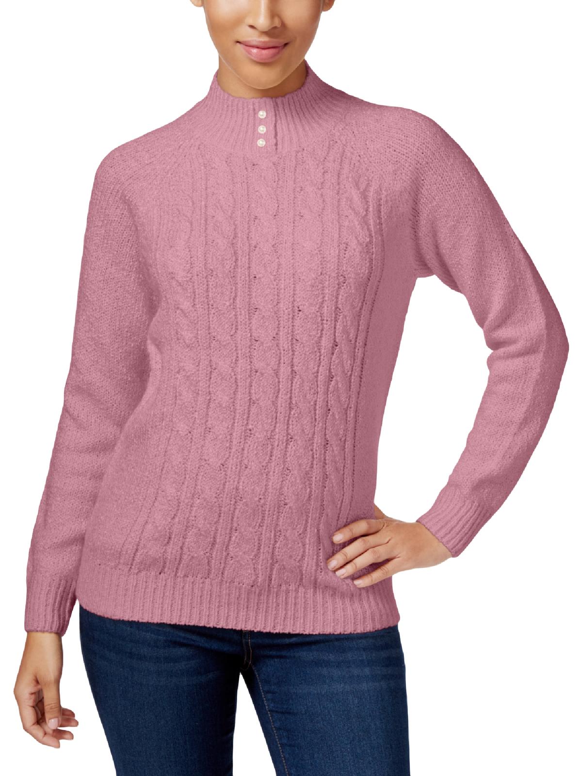 Karen Scott Women's Sweater Cable Knit Stand Collar Pink Rose  Size Petite L