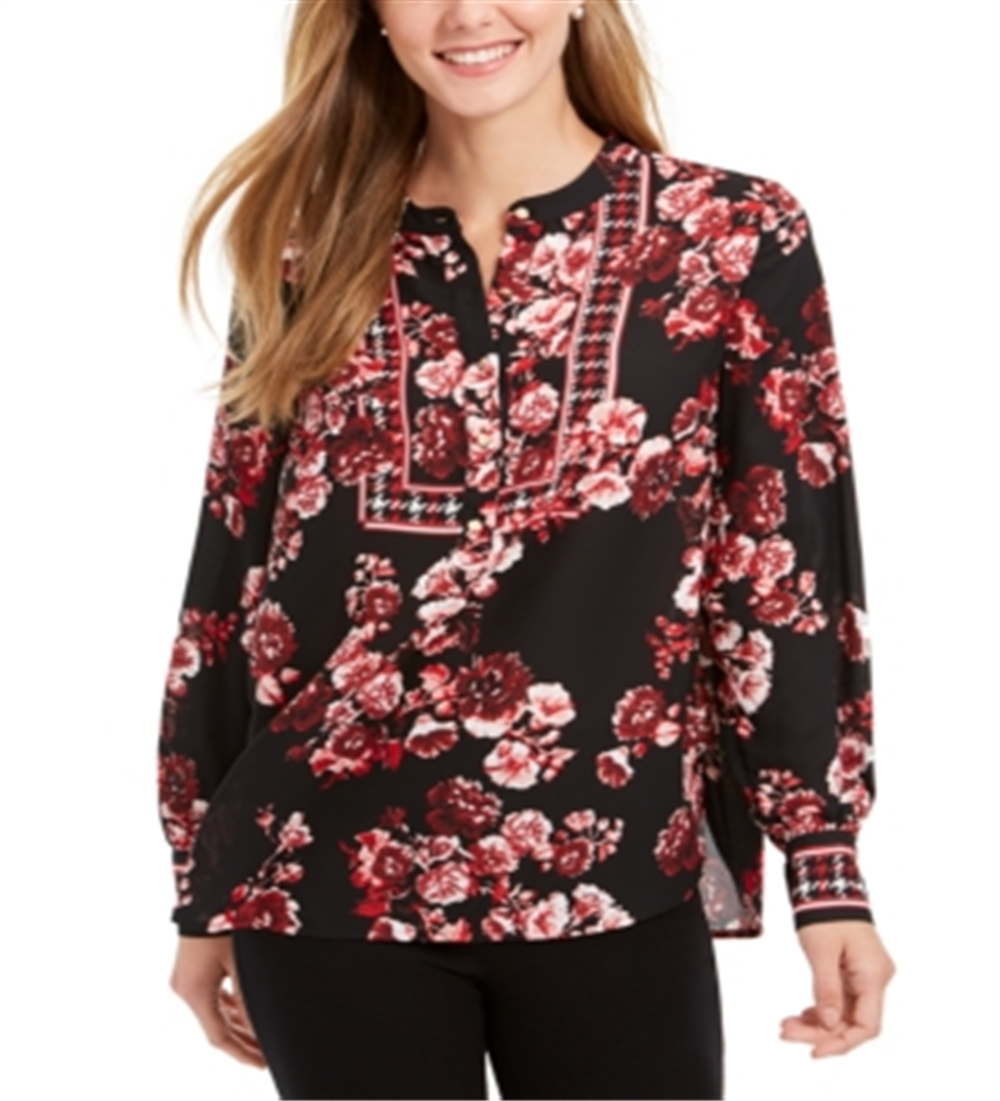 Charter Club Women's Mixed Print Henley Top Black Floral Size Petite L