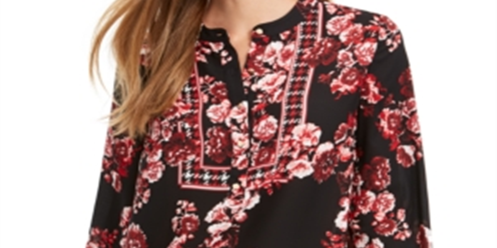 Charter Club Women's Mixed Print Henley Top Black Floral Size Petite L